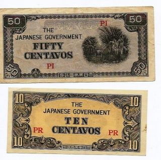 Japanese 10 And 50 Centavos Philippines Invasion Paper Money World War 2 P - 44