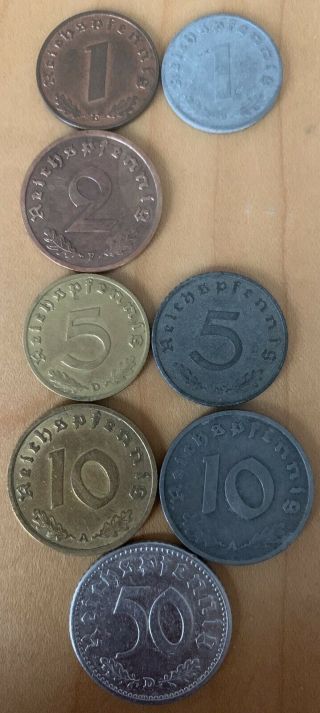 Rare German Nazi Wwii 1 - 2 - 5 - 10 - 50 Reichspfennig 8 Coin Set - Eagle & Swastika