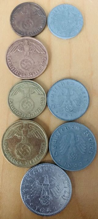 RARE German Nazi WWII 1 - 2 - 5 - 10 - 50 Reichspfennig 8 Coin Set - Eagle & Swastika 2