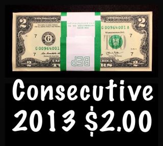 2013 Chicago 2$ Consecutive Dollar Bill From Bep Strap Notes Unc G1