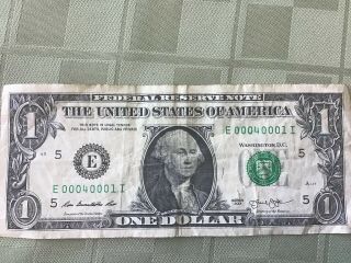 $1 Dollar Note 2013 Bill Fancy Serial Number Low Number E000040001i