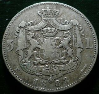 Rare Grade Romania Kingdom 1883 King Carol I 5 Lei Silver Coin