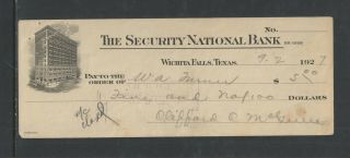 1927 The Security National Bank Wichita Falls Texas Antique Check
