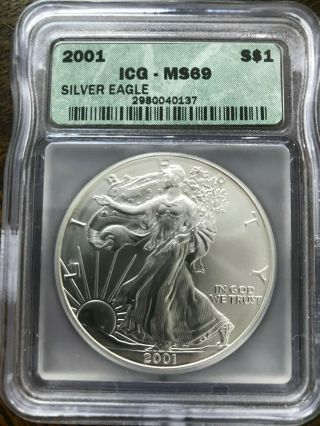 2001 1 Oz Silver American Eagle Icg Ms 69 Bullion Coin