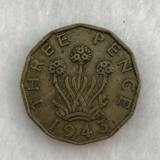 1943 Uk Great Britain British Three 3 Pence Wwii Era Plant Coin