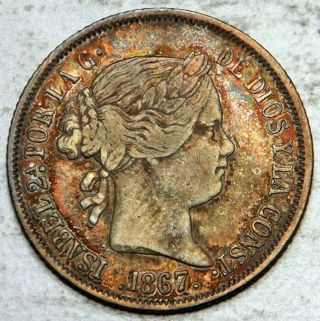 Spain Silver 40 Centimos 1867 (, Colorful Deep Toning)