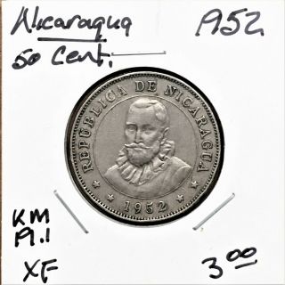 1952 Nicaragua 50 Centavos Coin,  Km 19.  1,  Xf