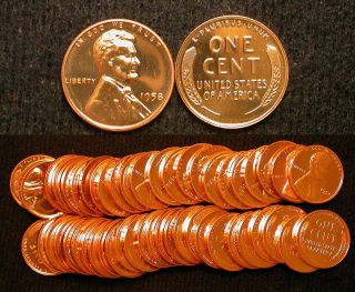 Roll Of 50 1958 Proof Lincoln Cents