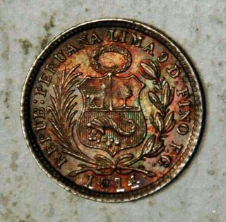 Peru Silver 1/2 Dinero 1914/03 (overdate) Deeply Toned Unc