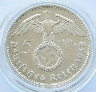German Coin 5 Mark Reichsmark 1938 A Swastika Hindenburg Silver 3rd Reich Ww2