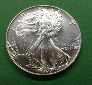 1992 American Silver Eagle Dollar 1 Oz Fine Silver,  Unc Coin