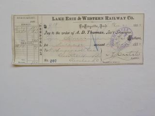 Antique Check 1882 Lake Erie & Western Railway Co.  La Fayette Indiana Money Vtg