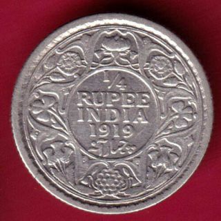 British India - 1919 - Kg V - 1/4 Rupee - Rare Silver Coin I12