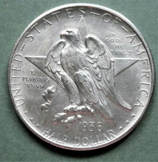 1936 - S Texas Independence Centennial Silver Commemorative 1/2 Dollar.  Au Details