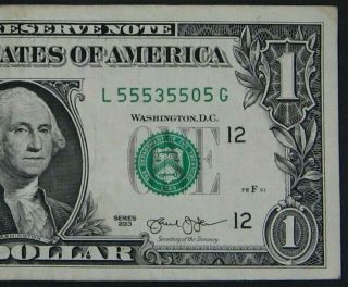 2013 $1 (one Dollar) – Note,  Bill - Fancy Serial Number - Trinary,  Six 5’s