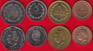 El Salvador Set Of 4 Coins: 1 - 10 Centavos 1972 - 1995 Unc