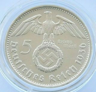 German Coin 5 Mark Reichsmark 1936 F Swastika Hindenburg Silver 3rd Reich Ww2
