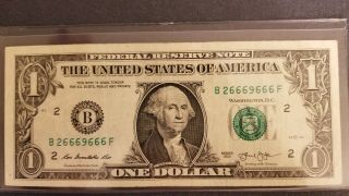 2013 $1 Dollar Bill Fancy Trinary Serial Number [b 2666 9666 F]