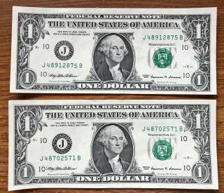 1999 $1 Dollar Notes - 10 J - Kansas City - Set Of 2 - Circulated