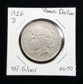 U.  S.  1926 D Peace Dollar Silver Coin Au W/ Sleeve |