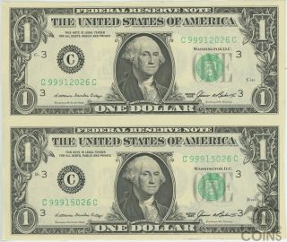 Set Of 2: 1985 Series $1 United States Uncut Notes Uncirculated