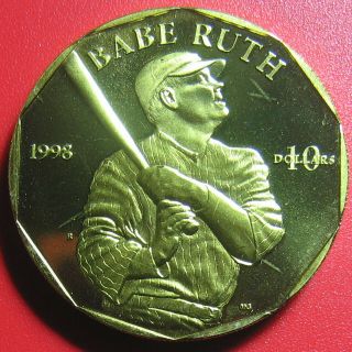 1998 Marshall Islands $10 Babe Ruth At Bat Baseball Sport Coin Brass (no Silver)