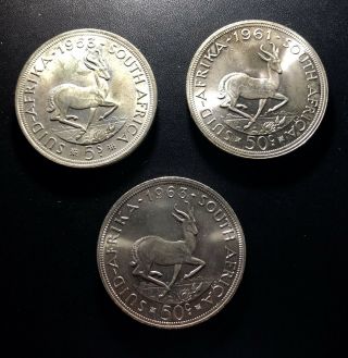 SOUTH AFRICA 1953,  1961 and 1963 Silver 5 Shillings Coins: Queen Elizabeth II 2