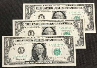 3 Crisp Uncirculated 1963 B,  Consecutively Numbered $1,  Joseph W.  Barr Notes