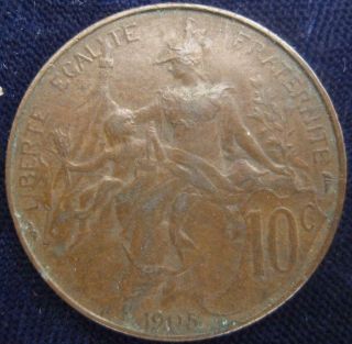 France 10 Centimes 1905 Vf Rare Date 115