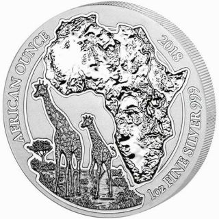 2018 Rwanda African Wildlife Series Giraffe 1 Oz.  999 Silver Coin