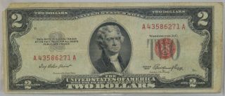 Usa 1953 Two Dollar Banknote Red Seal $2 Bill Serial 43586271a Circulated
