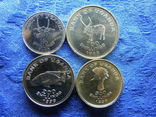 Uganda 50 Shillings 1998au,  100 Shillings 1996au,  200 Sh.  1998unc,  500sh.  1998au