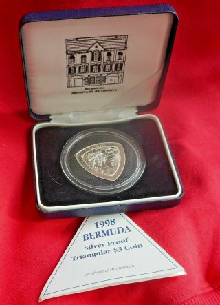 1998 Silver Bermuda Three Dollar Proof Triangular Coin W/case & (ctl 719)