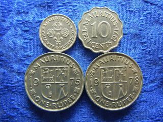 Mauritius 10 Cents 1971 Km33,  1/4 Rupee 1950 Km27,  1 Rupee 1975,  1978 Km35.  1