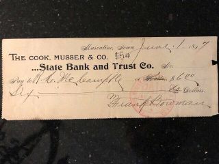 Antique Cashed Check The Cook,  Musser Co,  " State Bank And Trust Co ",  Iowa 1897