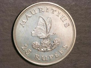 Mauritius 1975 25 Rupees Butterfly Silver Crown Unc