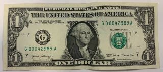Circulated Dollar Bill Low Serial Number Cool Bill G 0004 2989 A