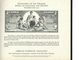 1972 Ana Convention Souvenir Nsc5 Treasury Dept Engraving Of 1896 $2 Silver Cert