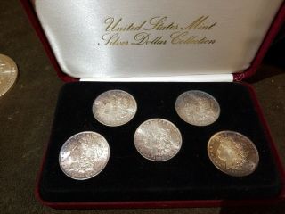 1884 - 1921 Morgan Silver Dollars,  Set Of 5 With Red Velvet Box