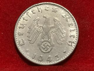 50 Reichspfennig 1943 B German Nazi Coin With Swastika Alu
