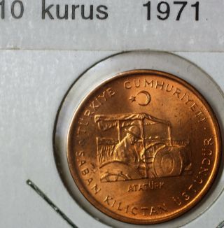 1971 Turkey 10 Kurus Bronze Ataturk Tractor Wheat Brilliant Uncirculated Coin