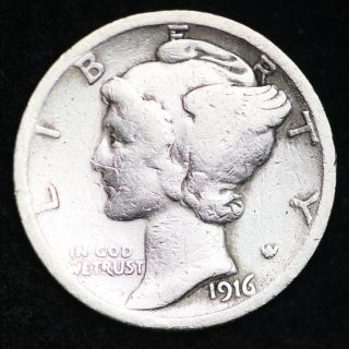 Fine 1916 S Mercury Silver Dime Coin
