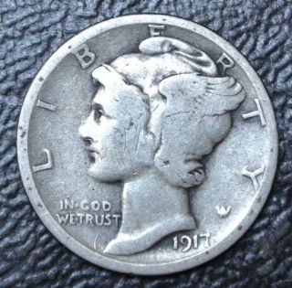 1917 S Usa - One Dime -.  900 Silver - Mercury Dime - Wwi Era -