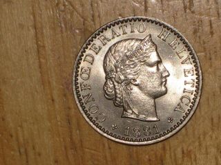 Switzerland 1881 20 Rappen Coin Au Almost Uncirculated