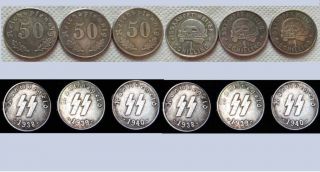 X 6 Wwii German Elite Coins Ss Kampft 50 Reichsfenin Shilling Kantinegeld Layout