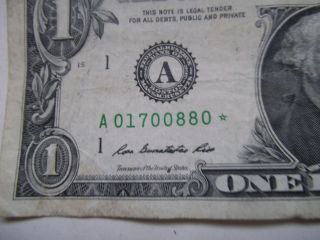 $1 One Dollar Bill 2013 Star Note ✫ Unique Low Serial Number A 01700880