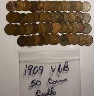 1909 Vdb Lincoln Wheat Cents (50 Cull Coins = One Roll) Id R650
