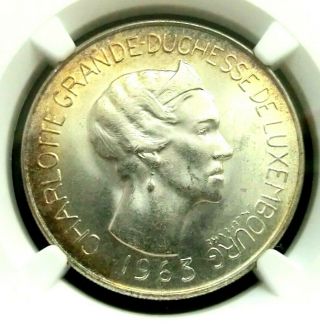 Ngc Ms64 - Luxembourg 1963 Charlotte Silver 100 Francs Choice Bu Scarce