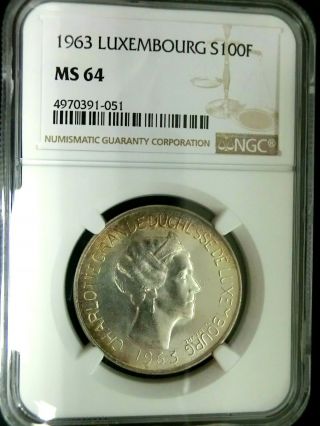 NGC MS64 - Luxembourg 1963 Charlotte Silver 100 Francs Choice BU Scarce 2