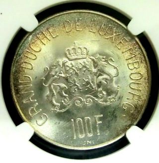NGC MS64 - Luxembourg 1963 Charlotte Silver 100 Francs Choice BU Scarce 3